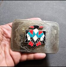 Nickel Silver Native American Colorized Thunderbird Scrolled Belt Buckle picture