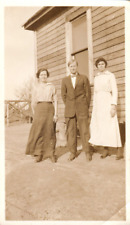 Vintage Photo 1930s, 3 People, A Man & 2 Women Outside A House,  4.5x2.25, Sepia picture