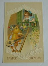 Antique EASTER GREETING  Embossed Chick Serenading to Child Germany Postcard picture