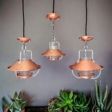 SET of 3 - Vintage Solid Copper Colonial Lantern Hanging Pendant Lamps - RARE picture