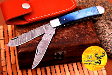 CUSTOM HANDMADE DAMASCUS STEEL FOLDING DOUBLE BLADE TRAPPER POCKET KNIFE 692 picture