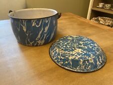 Antique Granite Ware Enamel Blue &  White Swirl Pot/Pail W/Plate picture