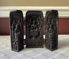 Antique Chinese Buddhist Highly Detailed Carved Wooden Travel Triptych, Marked picture