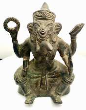 LOVELY AND VINTAGE BRONZE SEATED KHMER FOUR ARMED GANESHA STATUE 6.3