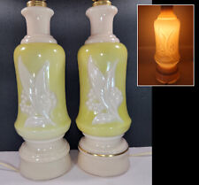 Pair Vintage Aladdin Alacite Electric Table Night Lamps Lillies On Green-Yellow picture