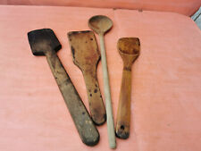 OLD ANTIQUE PRIMITIVE WOODEN HANDMADE RARE CARVED SPOONS PADLE - LOT OF 4 picture