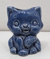 VINTAGE POTTERY BLUE CAT KITTEN MATCHES OR TOOTHPICK HOLDER BLUE DRIP GLAZE picture