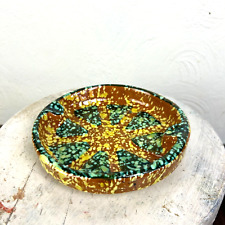 Vintage Pottery Ashtray Yellow Green Speckled Handmade Round Circle Geometric picture