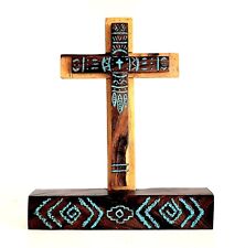 Handmade Wood Cross, Desert Ironwood, Real Turquoise, Religious Decor picture