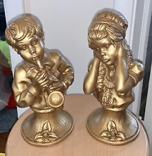 Vintage Boy & Girl Chalk Ware Statues Book Ends? Music Theme Signed U. Kendrick picture