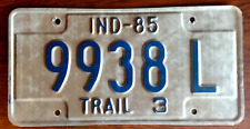 Indiana 1985 Blue White Metal Expire License Plate Tag 9938L Trail 3 Trailer picture