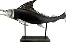 Resin swordfish Metallic silver and black marlin on black stand. picture
