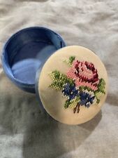Vtg Fetco Silk Needlepoint Round Jewelry Box Trinket Flowers Hand Stitched ROSE picture