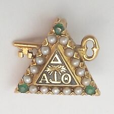 Antique Delta Alpha Theta 14k Gold Seed Pearl Emerald Key Fraternity Pin picture