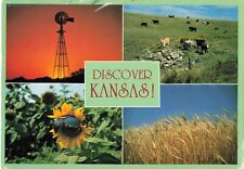 Discover Kansas KS, Windmill Cattle Sunflower Wheat Multi View, Vintage Postcard picture