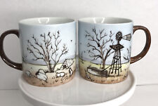 Vada Woodell Set Of 2 Hand Painted Mugs Windmill Farm Rustic Signed  picture