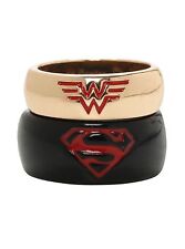 New Dc Comics Black & Gold Superman Wonder Woman Superhero His Hers Ring 2pc Set picture