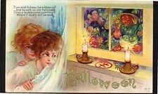 Postcard Halloween Witches Goblins Peeking in Window Kids Hiding Behind Drapes picture