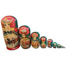 Russian Matryoshka 10 Piece Horse Drawn Troika Nesting Doll Set Hand painted  picture