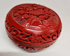 Vintage Chinese Round Carved Red Cinnabar Trinket Box Floral Design picture