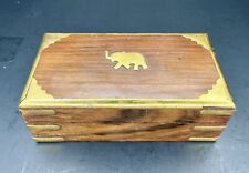 Vintage Wooden Hand Made Brass  Elephant Hinged Trinket Box 7” x 3.75” x 2.75” picture