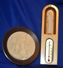 2 VTG 1960S PLASTIC CATHOLIC RELIGION PLAQUES ST ANTHONY W THERMOMETER & MARY picture