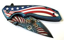 American Eagle Flag Pocket Knife Blue Metal Freedom Full Size 4.5” Sharp Edc picture