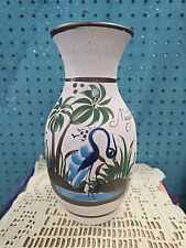 Vtg Tonala Mexican Art Pottery Vase Signed, Mazatlan, Handpainted, Heron, 10