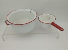 Vintage  White w/Red Trim Porcelain Enamelware - Stockpot & Saucepan No Lids picture