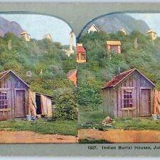 c1900s Juneau City, Alaska Indian Burial Houses Litho Photo 3D Stereo V6 picture