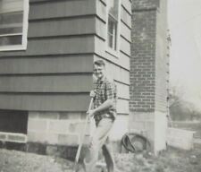 Man With Shovel Digging By House 1960 B&W Photograph 3.5 x 3.5 picture