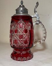 tall vintage hand cut to clear ruby red glass pewter Czech lidded beer stein mug picture