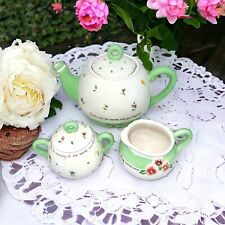 Susan Branch Floral Ceramic Porcelain Teapot Set Mint Green White “That Is Home” picture