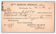 1891 Office Marvin Branch Pittsburgh Pennsylvania PA Antique Postal Card picture