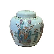Oriental Distressed Marked Off White People Theme Porcelain Round Jar ws2610 picture
