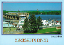Winona MN Minnesota, Mississippi River Lock Dam & Barge, Vintage Postcard picture