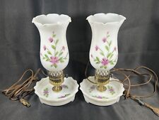 Vintage Set 2 Milk Glass Painted Hurricane Table Lamps Wildflowers 10” WORKS picture