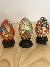 ThreeDecorative Eggs, Paper Mache Stands Included Floral Asian (?) Theme picture