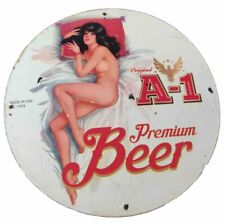 RARE A-1 PREMIUM BEER PINUP STYLE GIRL STYLE PORCELAIN GAS OIL PUMP BREWERY SIGN picture