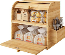 Natural Bamboo 2 Layer Large Bread Box For Kitchen Counter Wood Bread Storage Co picture