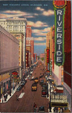 Night View Wisconsin Ave Milwaukee Riverside Gay Girly Revue Trolleys Cars c1940 picture