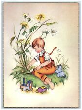 c1930's Easter Girl Planting Flowers Shovel Toys Unposted Vintage Postcard picture