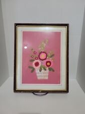 Vintage YARN ART 1970s Embroidered Needlework Framed Pink Flowers picture