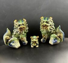 Vintage Antique Asian Foo Dog Family Celedon Green & Blue Ceramic Figurines picture
