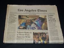 2002 JUNE 13 LOS ANGELES TIMES NEWSPAPER - KOBE BRYANT & SHAQ LAKERS 3PEAT picture