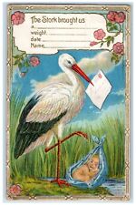 c1910's Stork Delivering Baby Flowers Embossed Posted Antique Postcard picture
