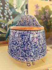 Vintage Salt Cellar Spongeware W/ Wood Cover Antique Blue & White Pottery Stone picture