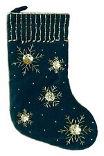 Vintage Lord & Taylor Green Gold Beaded Snowflakes Christmas Stocking 16” picture