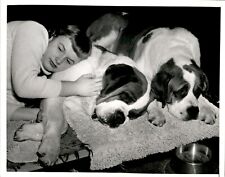 GA103 1954 Original Photo CHAMPION PILLOW Girl Laying on St Bernard Loyal Dog picture