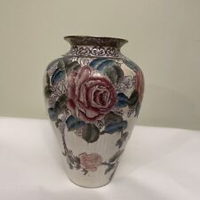 Vintage Toyo Floral Rose Porcelain Etched Handpainted  Gold Trim Vase China 11” picture
